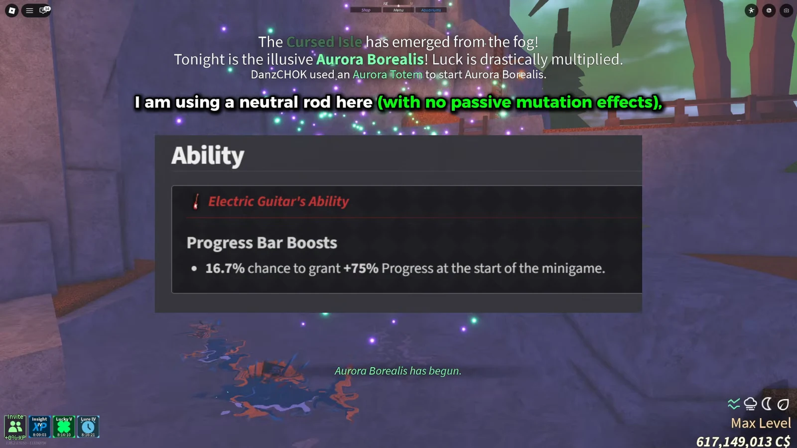 Ability panel showing Electric Guitar progress bar boosts while Aurora Borealis is active