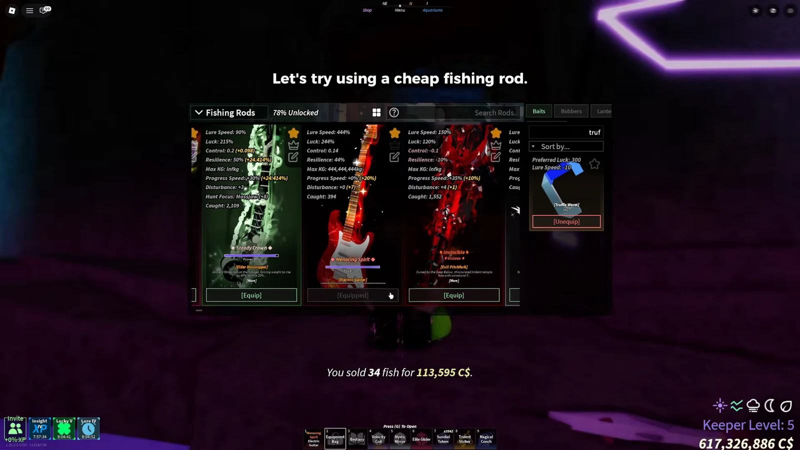 Fishing Rods inventory open with an inexpensive rod selected to equip