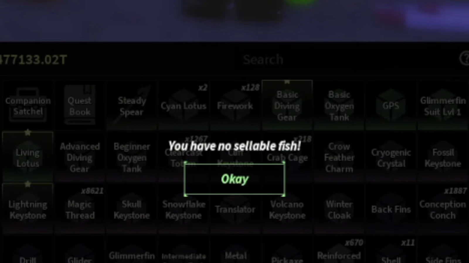 Inventory showing a You have no sellable fish alert with the Okay button highlighted