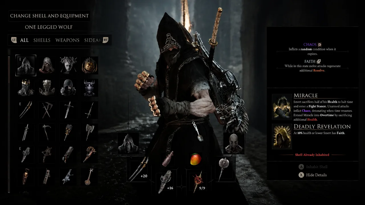 Change Shell and Equipment menu with a shell selected, showing its Chaos, Faith, and Miracle entries