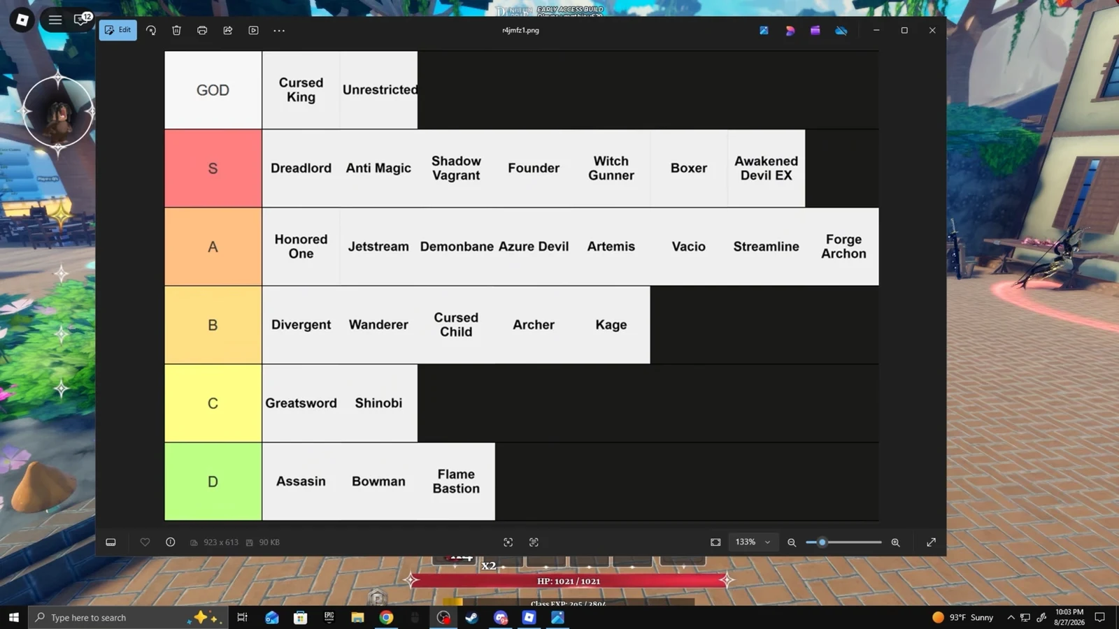 Class tier chart open for review, showing S-tier entries including Shadow Vagrant and Founder