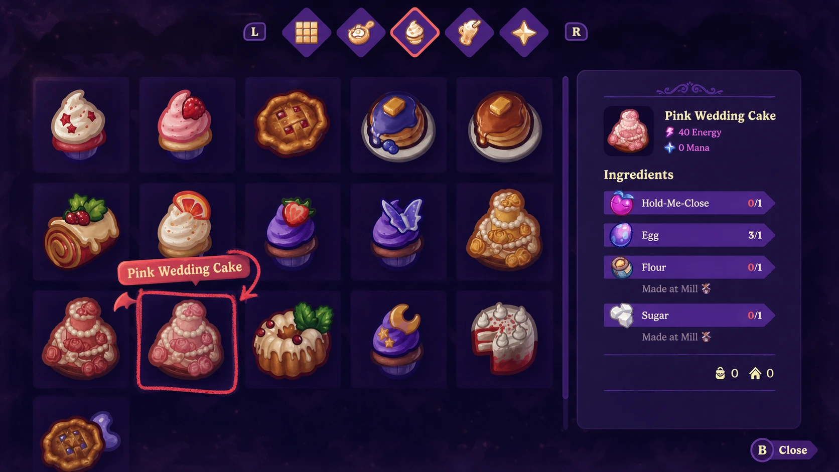 A screenshot showing dessert recipes in Moonlight Peaks