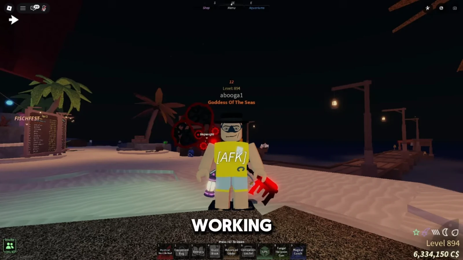 Roblox avatar marked AFK under a large WORKING status during a catch