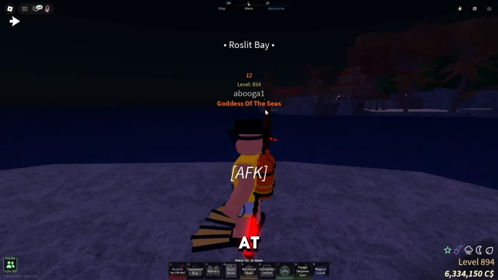 AFK player at Roslit Bay with the hotbar and Press G To Open prompt visible