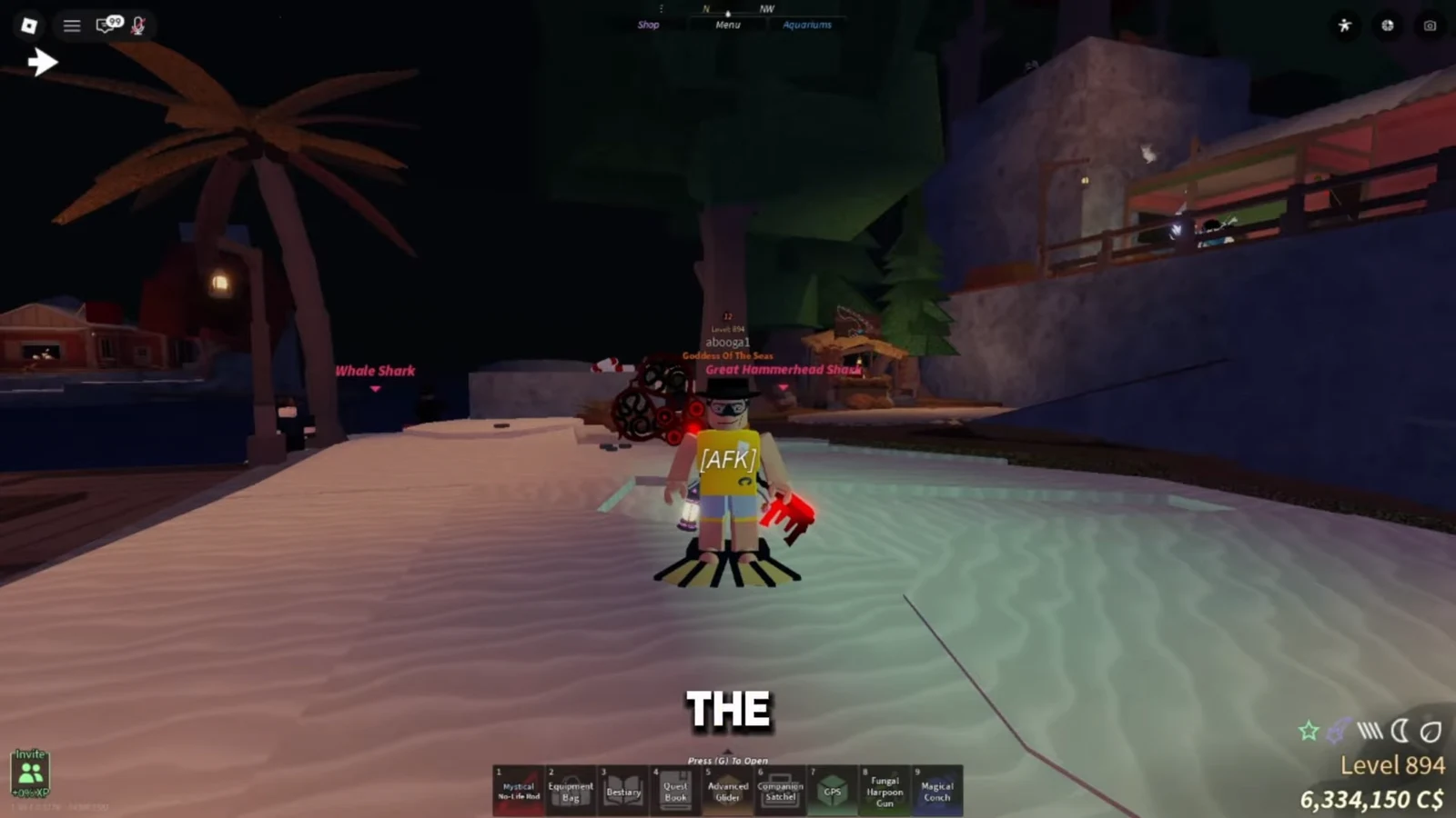 Avatar standing in shallow water holding a red fishing tool above the equipment hotbar