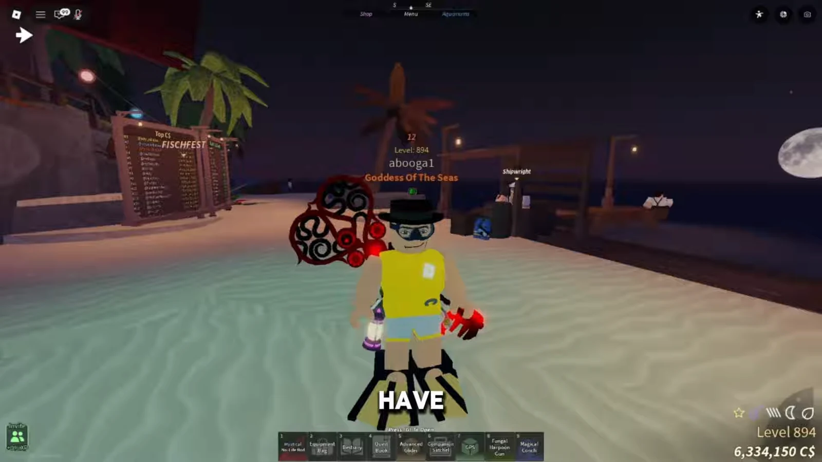 Player on a beach beside the Shipwright NPC with fishing gear equipped