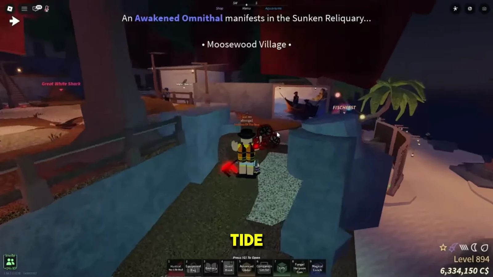 Player walking a Moosewood Village path toward the FISCHFEST area as an event banner appears