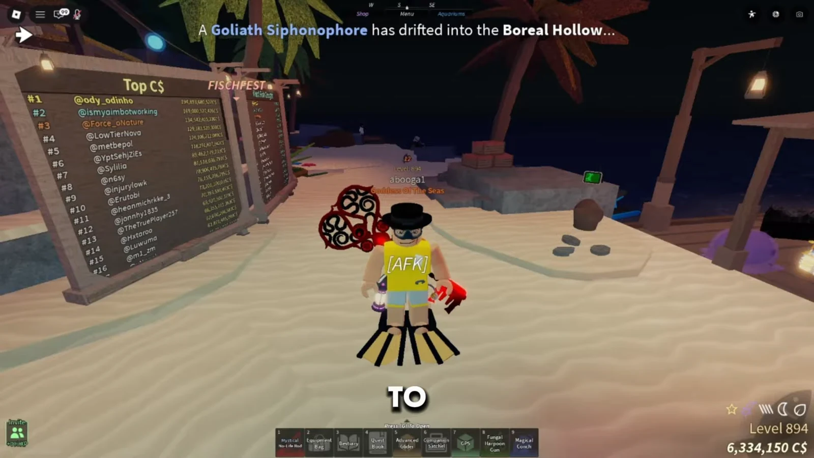 Player at the Fishfest pier as a Goliath Siphonophore event announcement appears