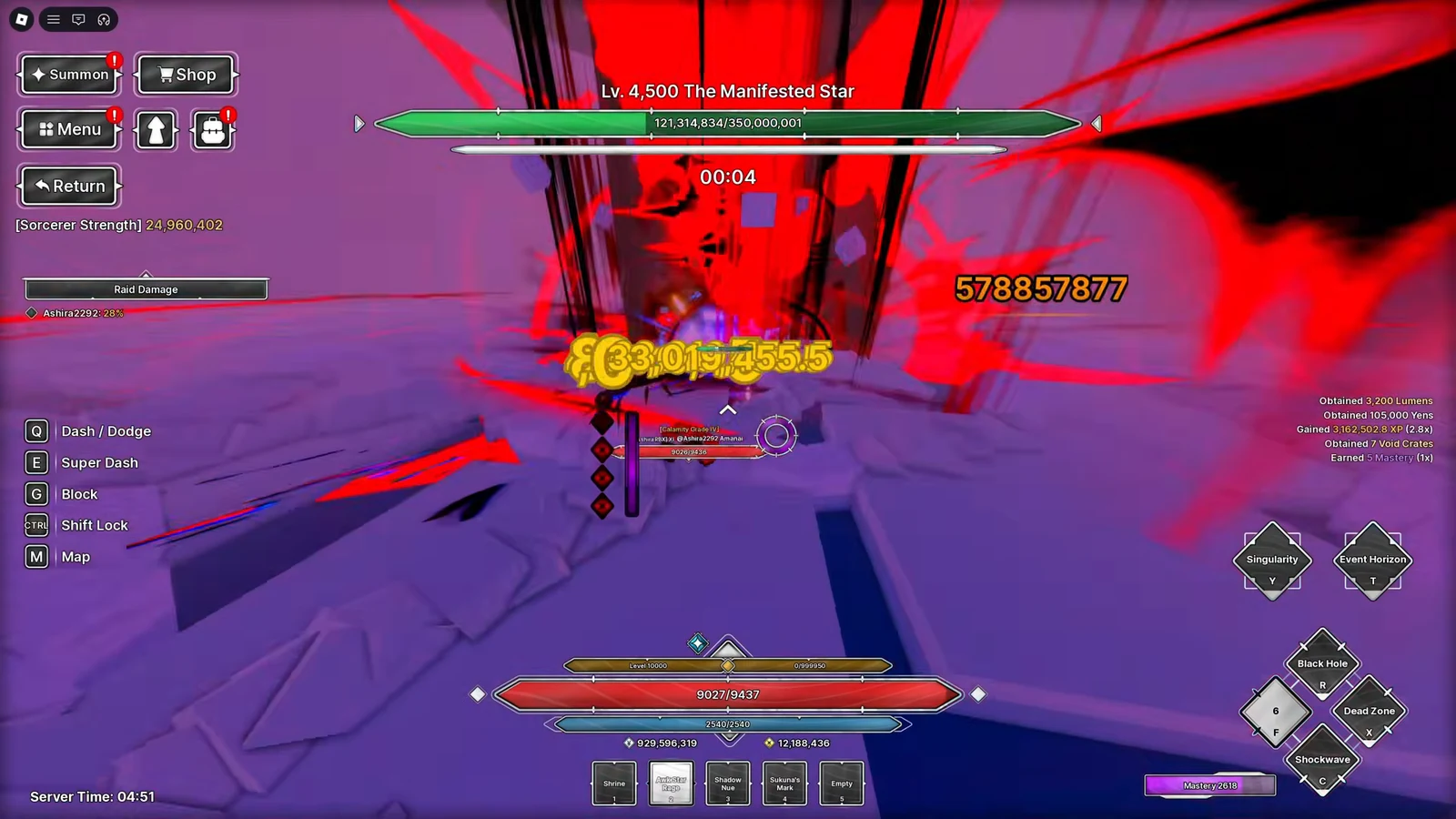 Player attacking a Lv. 4,500 raid boss as its health bar and damage numbers appear