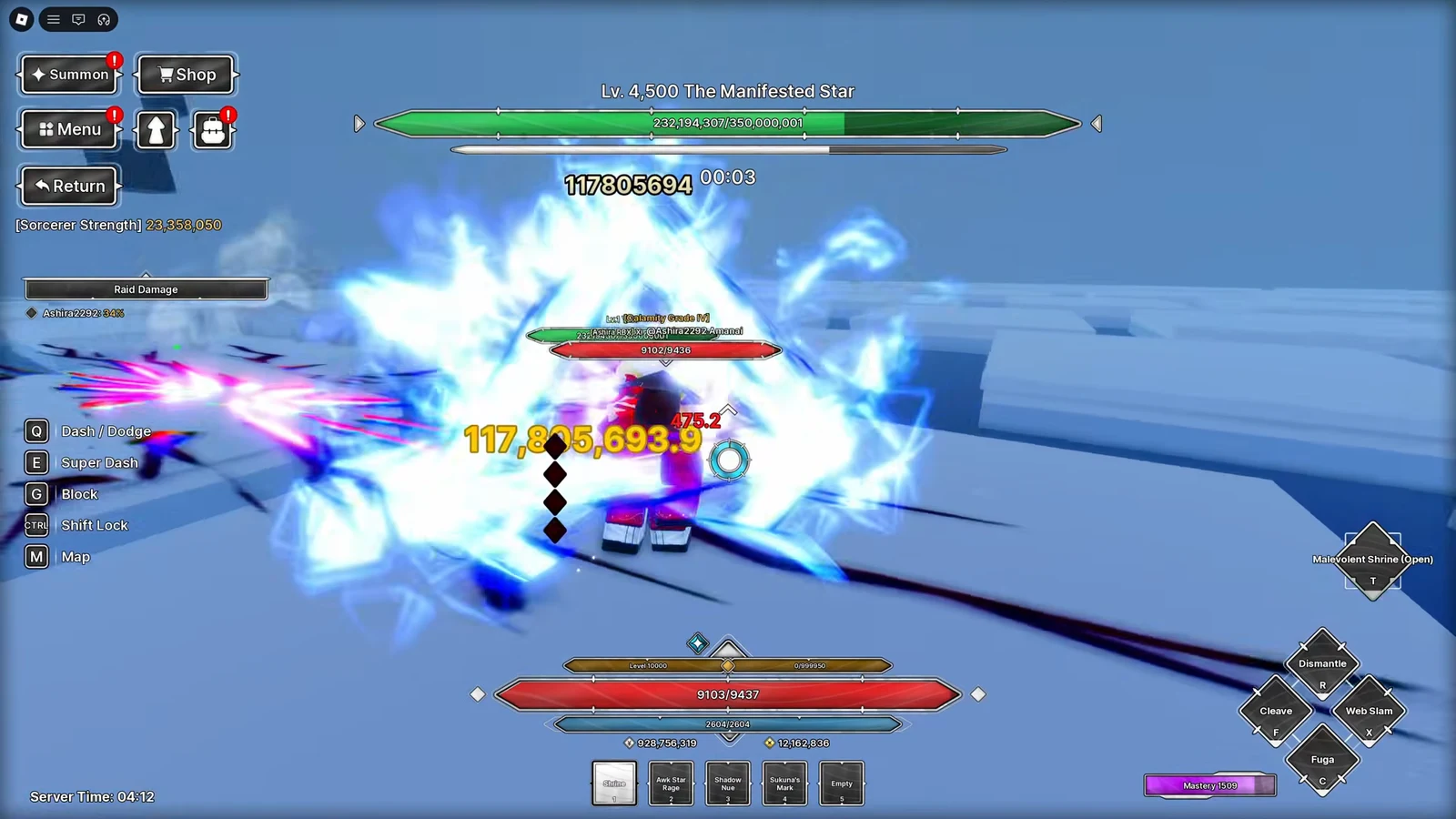 Raid fight against a Lv. 4,500 boss with large damage numbers appearing on screen