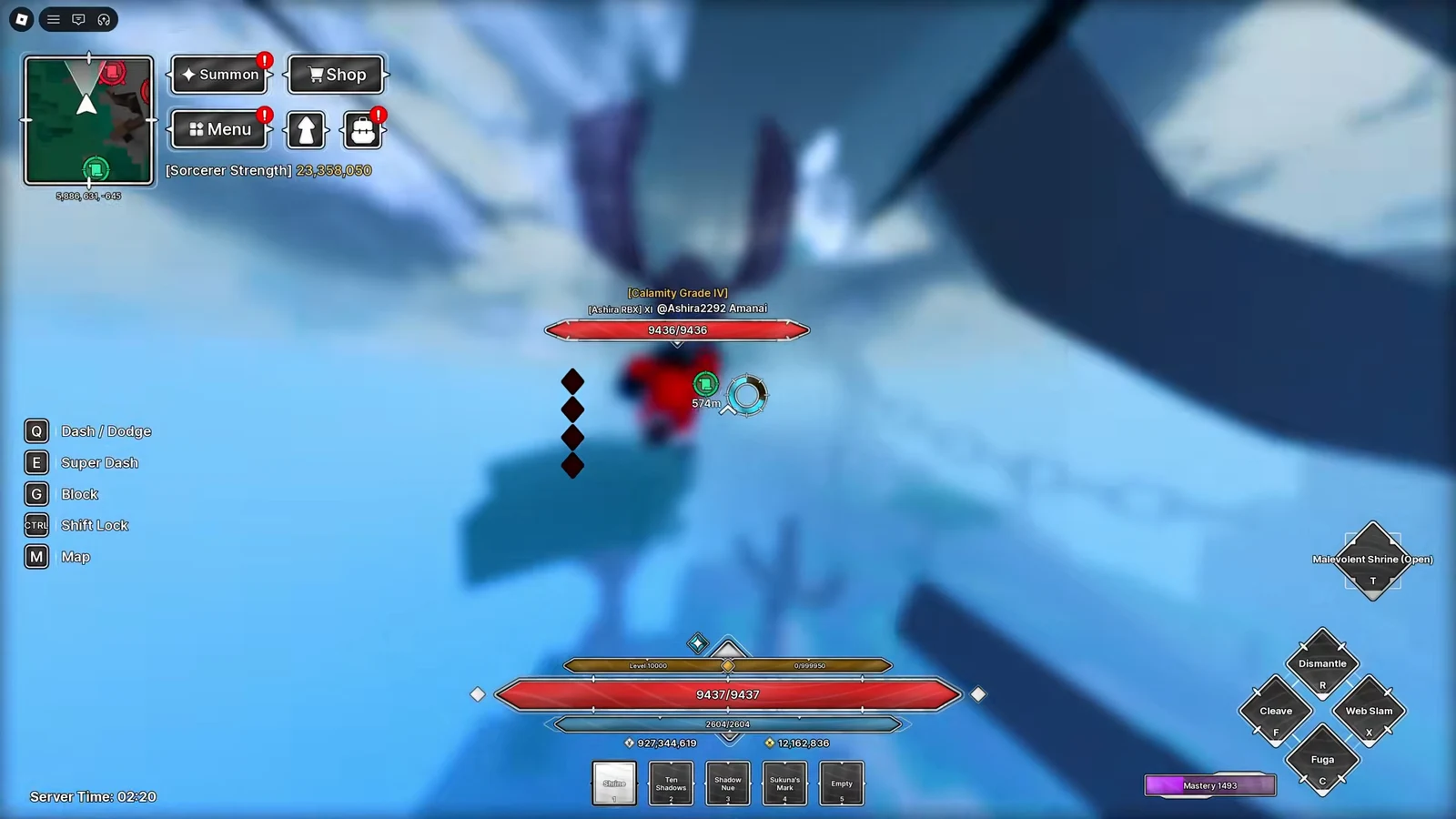 Player fighting a high-level enemy with a full health bar and combat abilities on screen