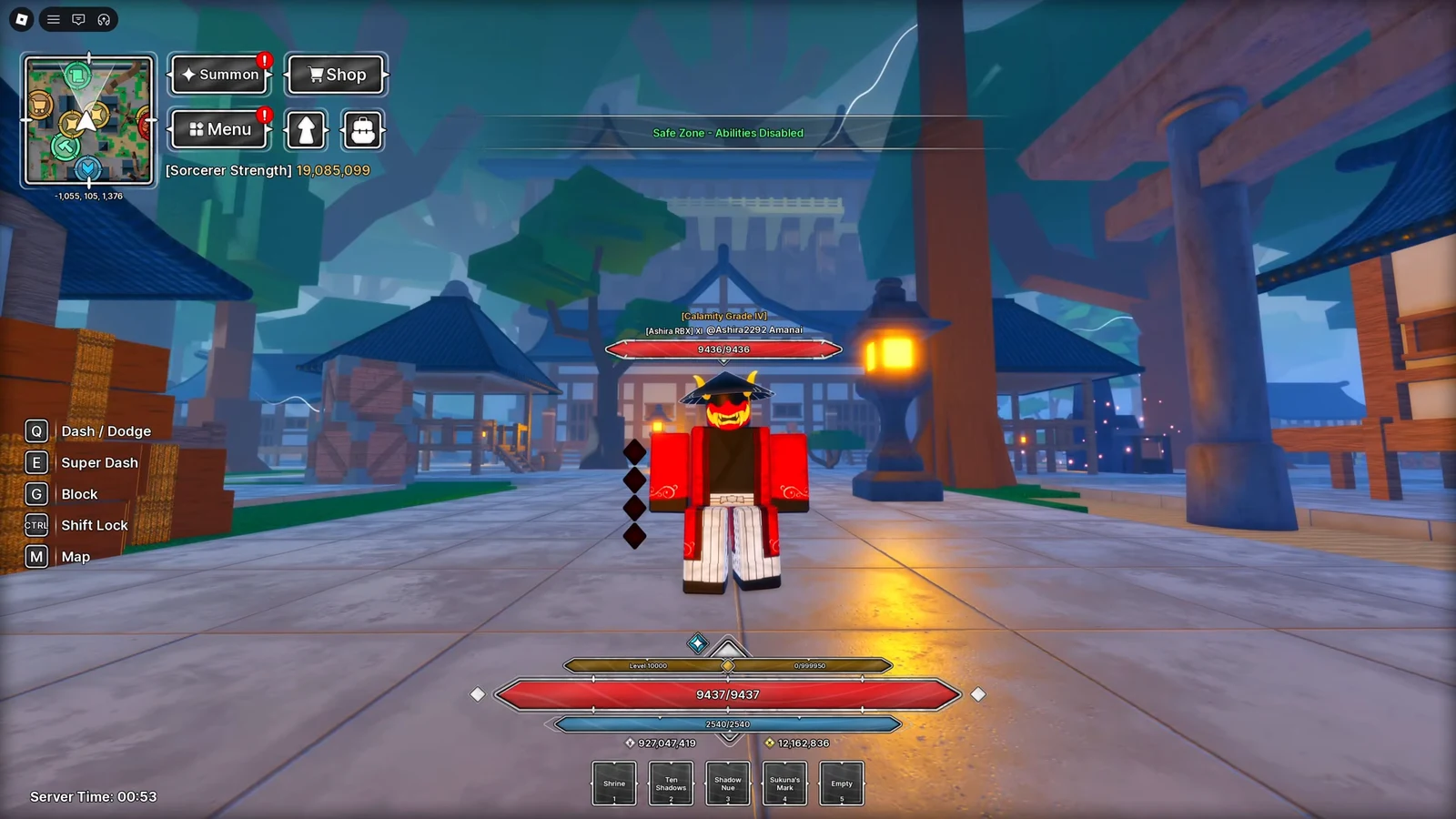 Player avatar standing in a safe zone with Menu and Shop buttons available