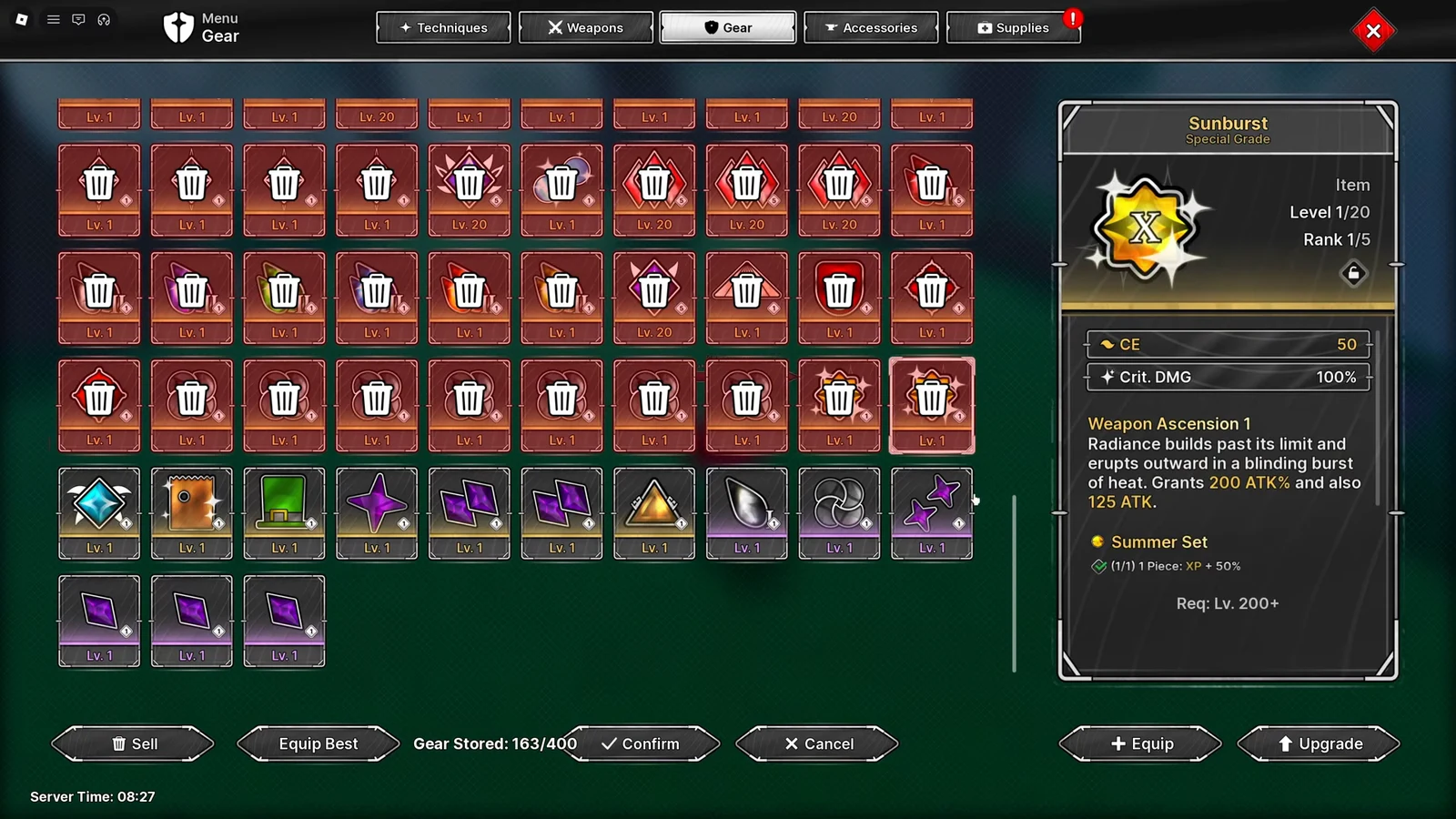 Gear menu with items selected for selling and Confirm and Cancel controls shown