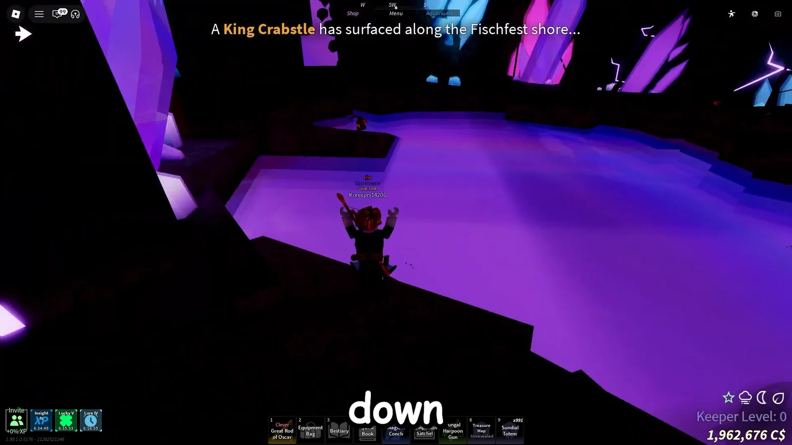 King Crabstle Fishfest notice as the player walks toward purple water