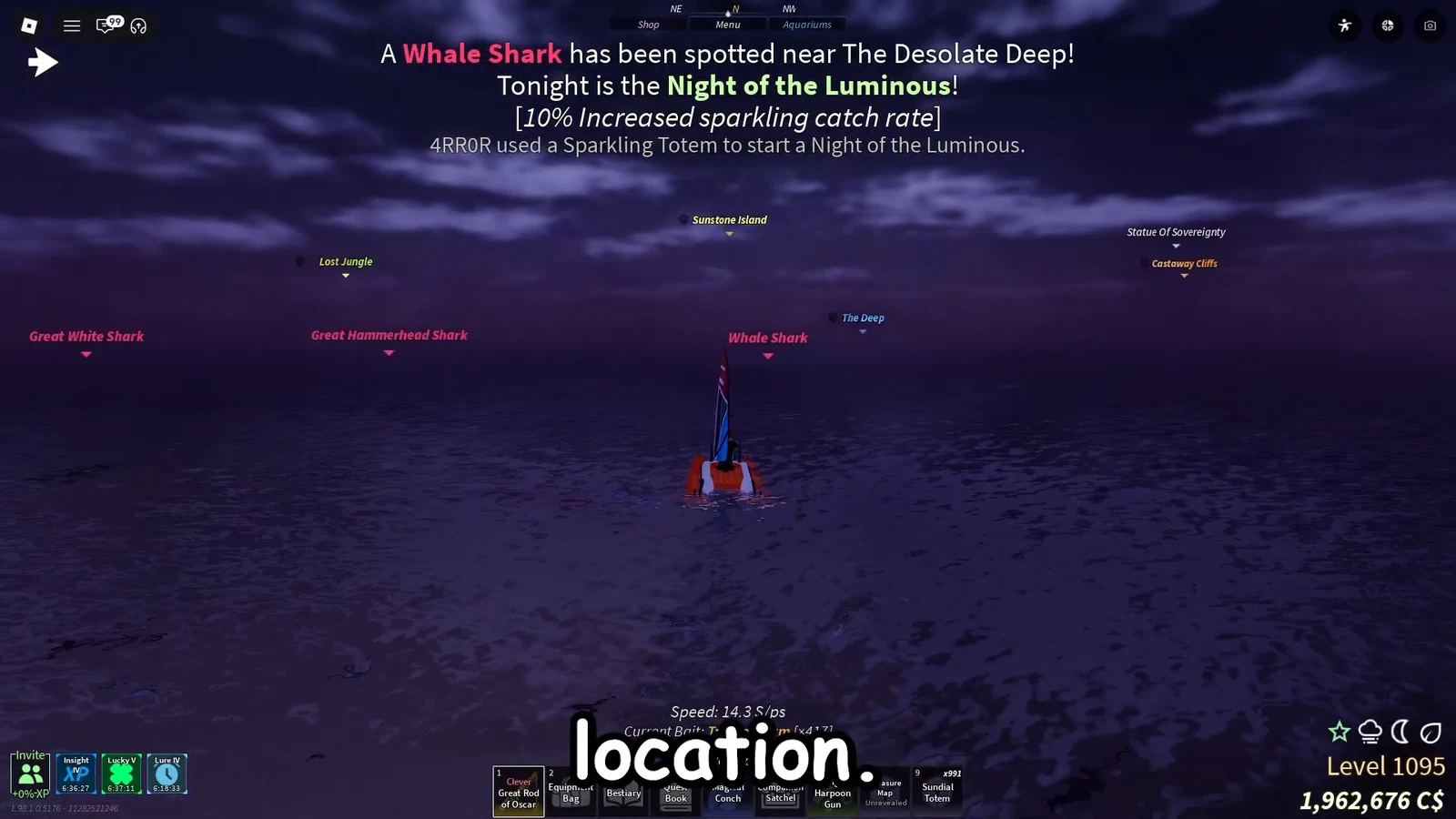 Boat sailing at night toward a Whale Shark marker near The Deep