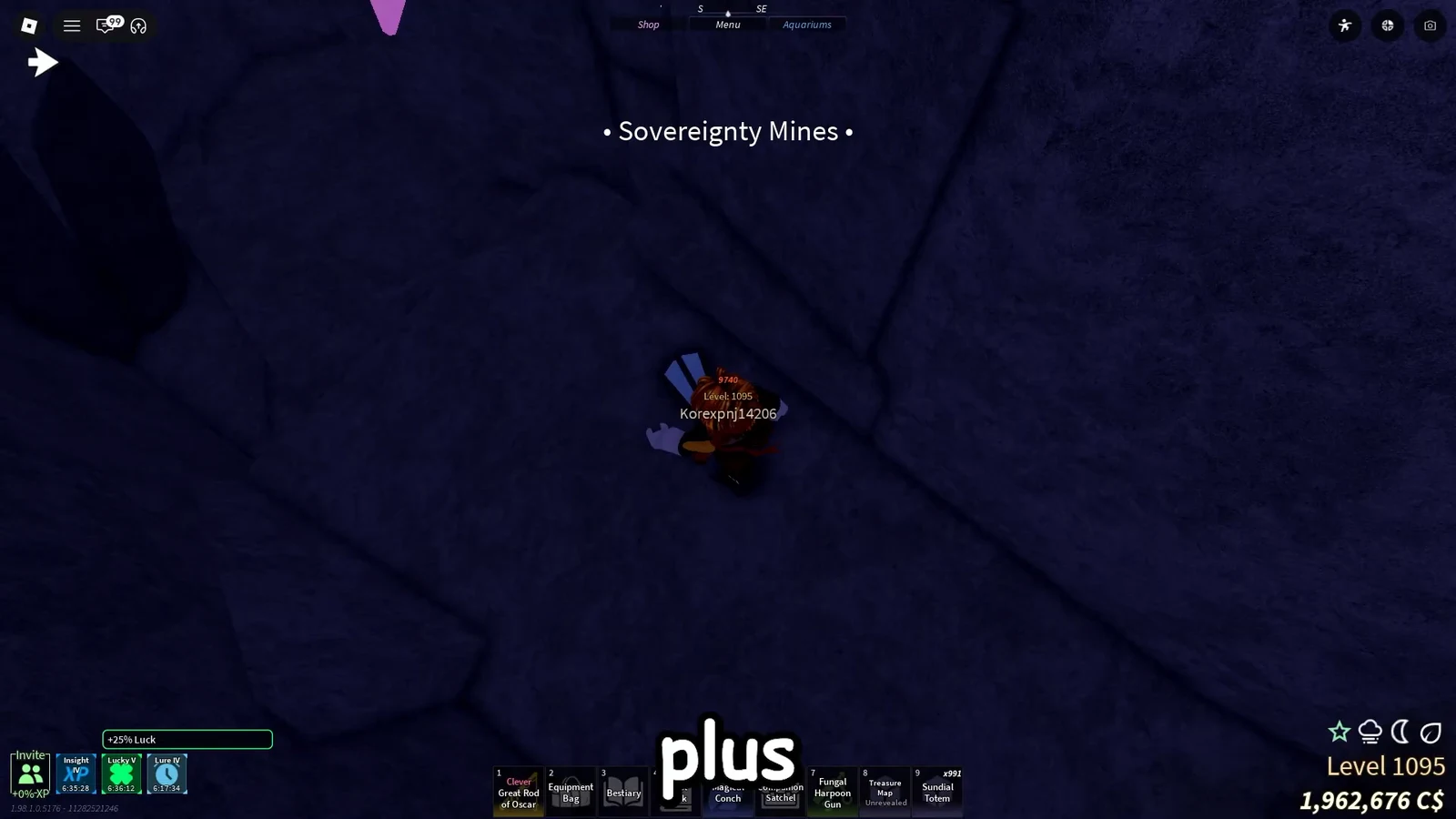Player standing in the dark Sovereignty Mines with the hotbar visible