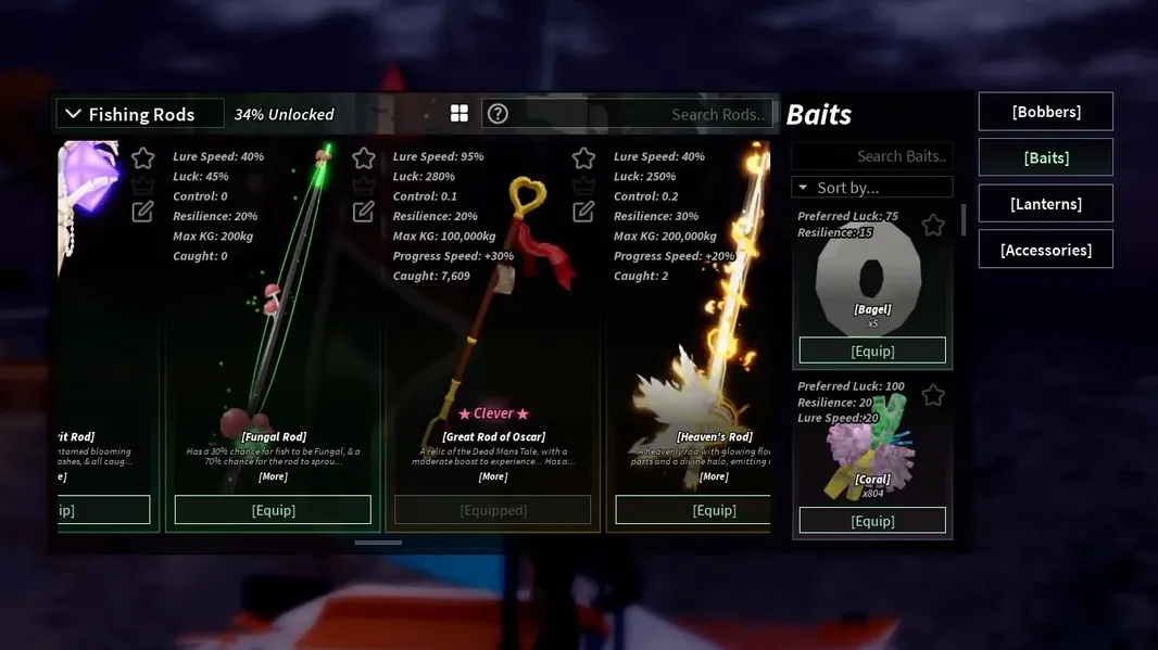 Fishing Rods inventory open to the Baits tab showing Bagel and Coral