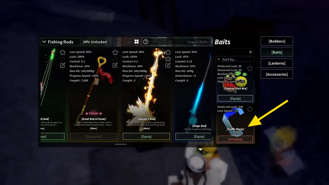 Baits tab showing Tropical Fruit Mix with an Equip button