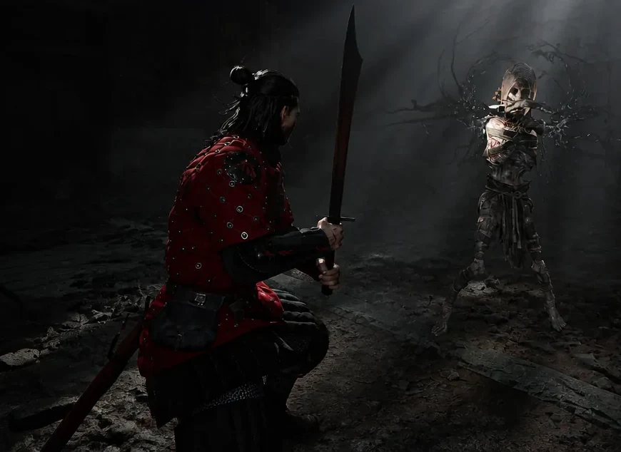 Coen swinging his sword at a large demonic enemy in The Blood of Dawnwalker