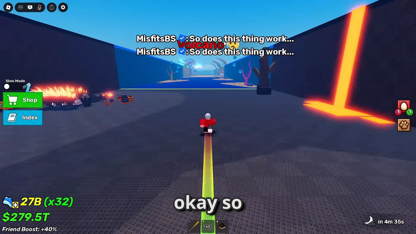 Avatar running through the Volcano biome with Shop and Index buttons on the left