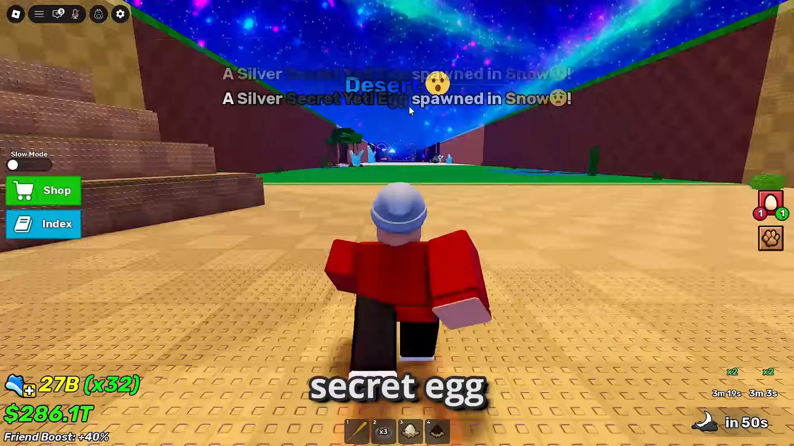 Character carrying a Secret Egg while moving through a desert biome