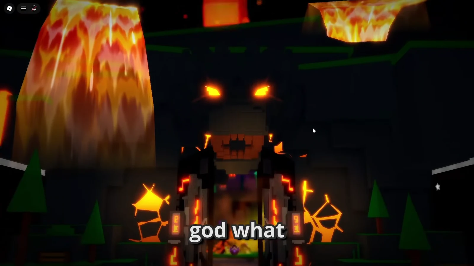 Glowing-eyed lava boss facing the player in a dark fiery arena
