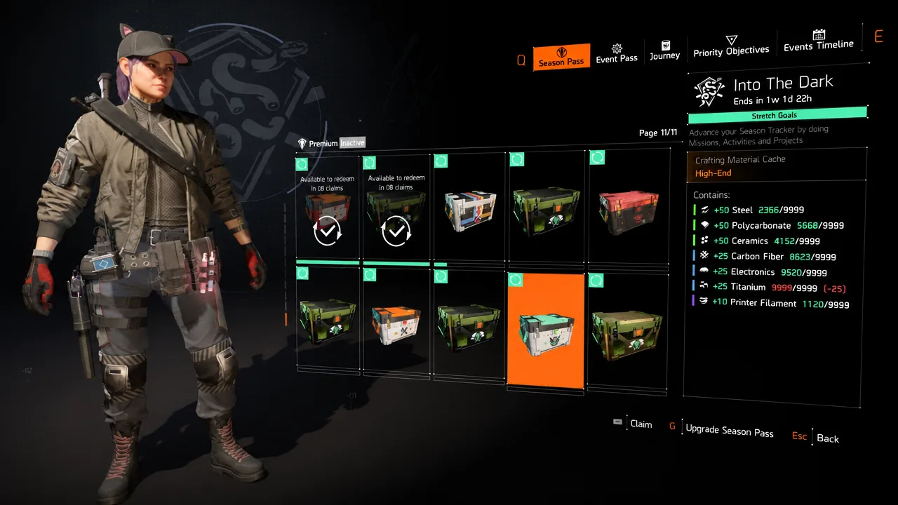 Into The Dark Stretch Goals page on the Season Pass screen with a Crafting Material Cache reward ready to claim