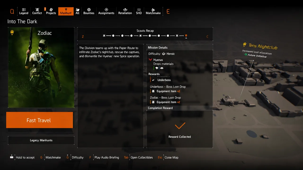 Manhunt map screen showing the Zodiac mission rewards with the Fast Travel option to Tents Nightclub