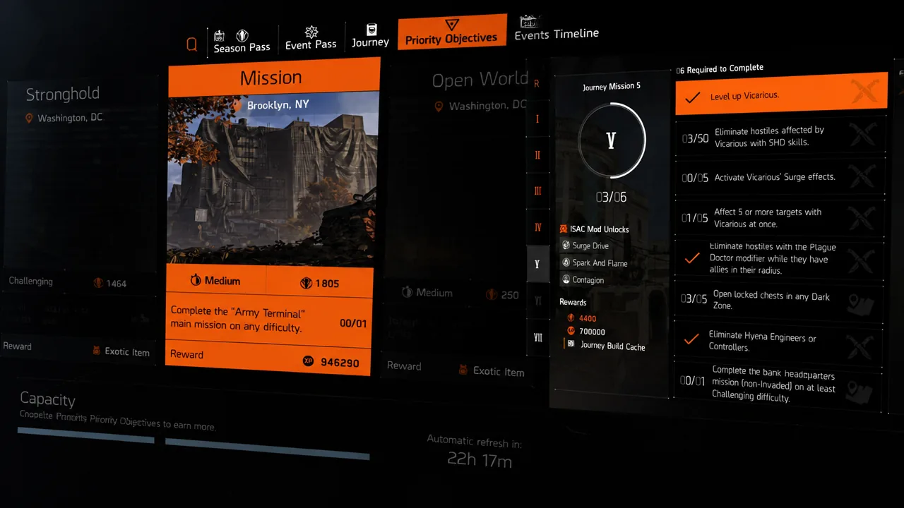 Priority Objectives menu open on Journey Mission 5, showing Vicarious objective progress and its rewards
