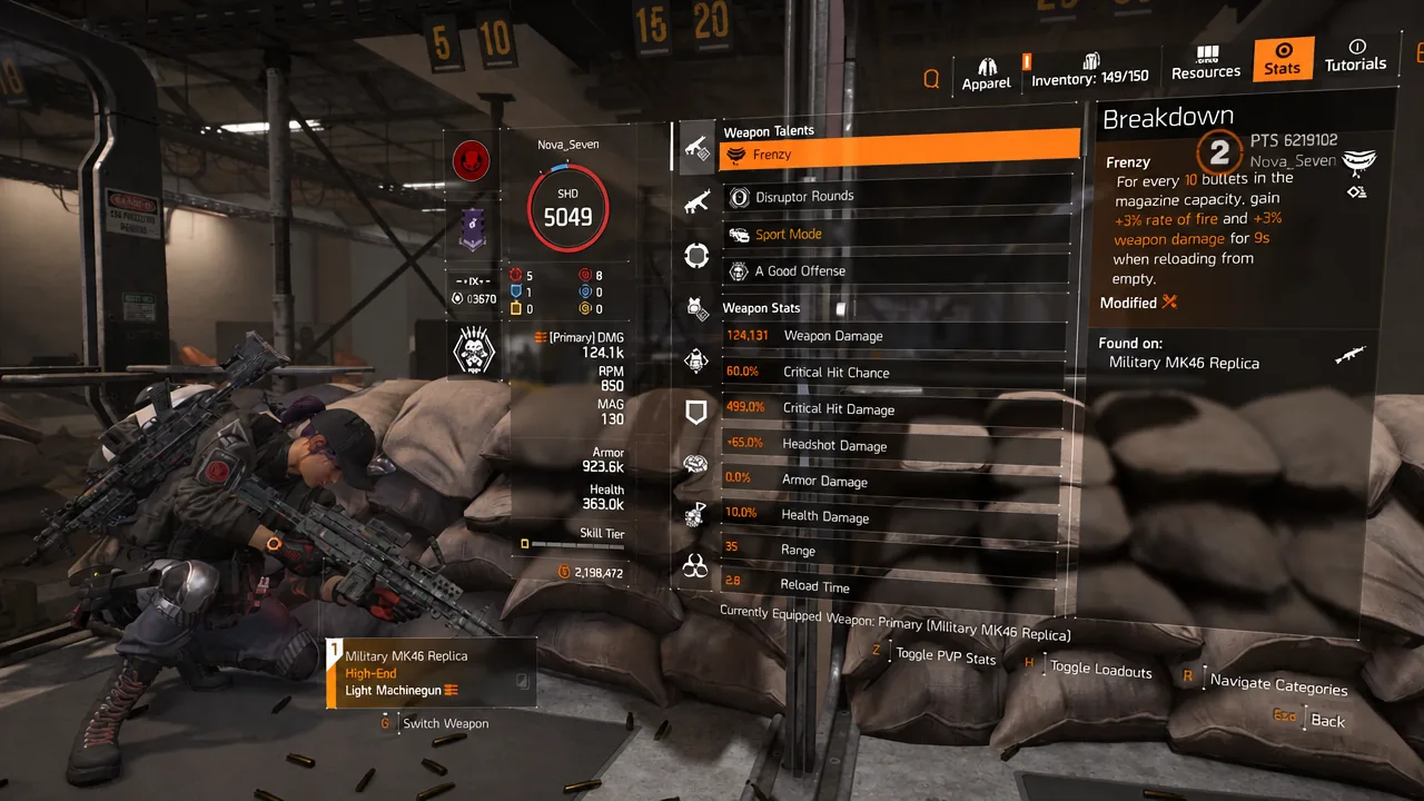 Stats screen showing a weapon's talents with Frenzy selected and its breakdown panel