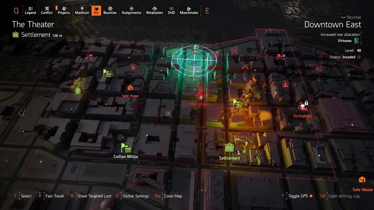 The Division 2 map showing the Downtown East district with a highlighted objective area