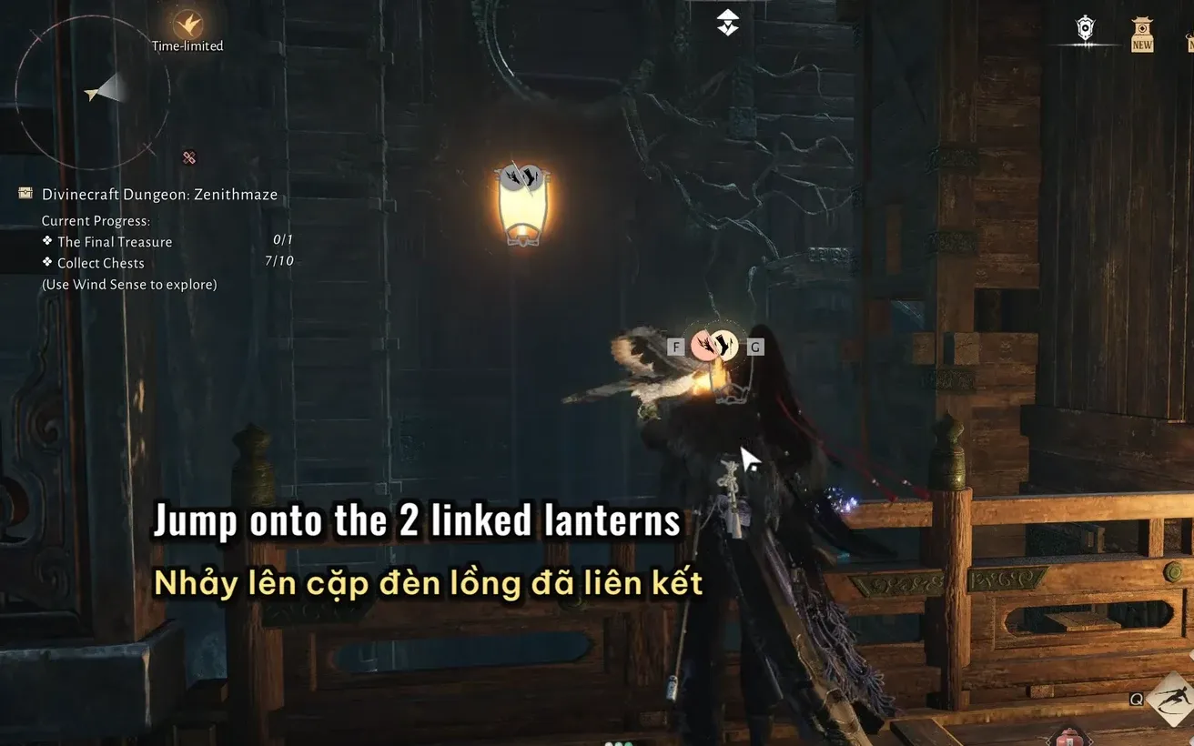 On-screen F and C lantern prompts while jumping onto two linked lantern platforms in Zenithmaze