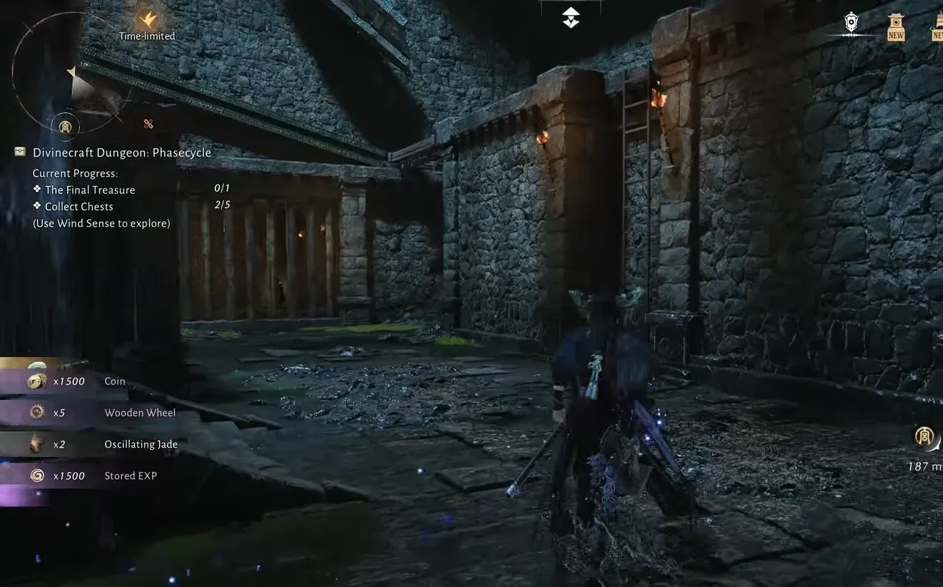Phasecycle stone dungeon with the chest counter showing 2 of 5 collected