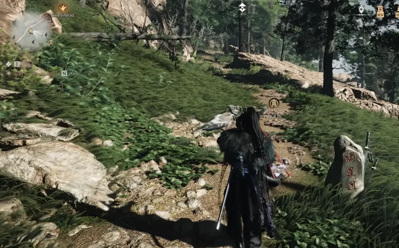 World map tracking the quest objective toward a marked cave 264 meters away