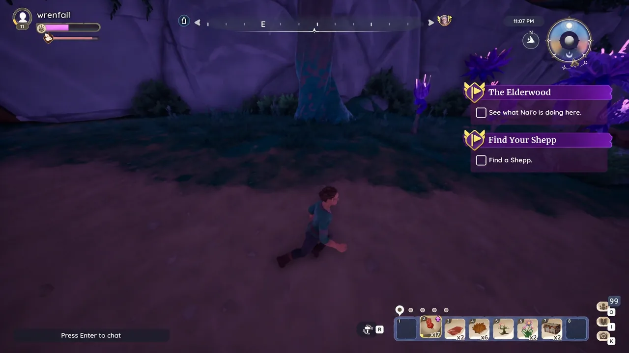 Nai'o standing just inside the Elderwood gate at the start of the quest