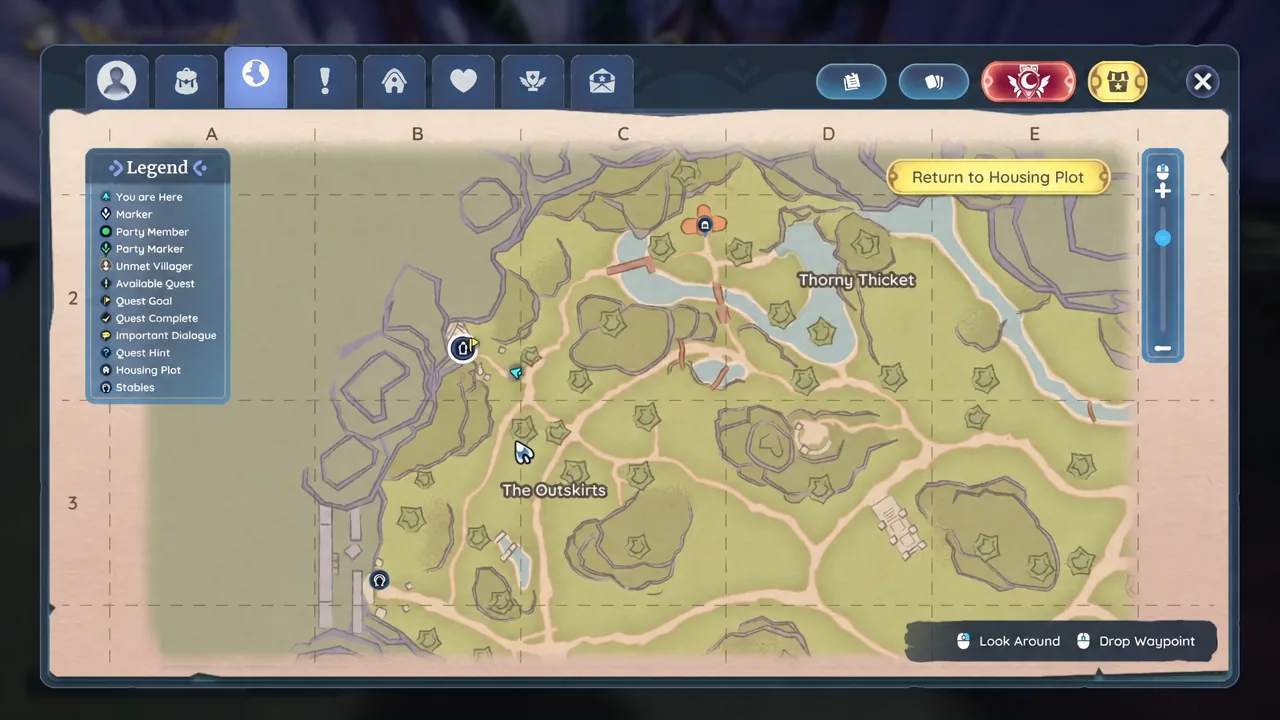 Palia world map open on the globe tab with the player's current location and travel markers shown
