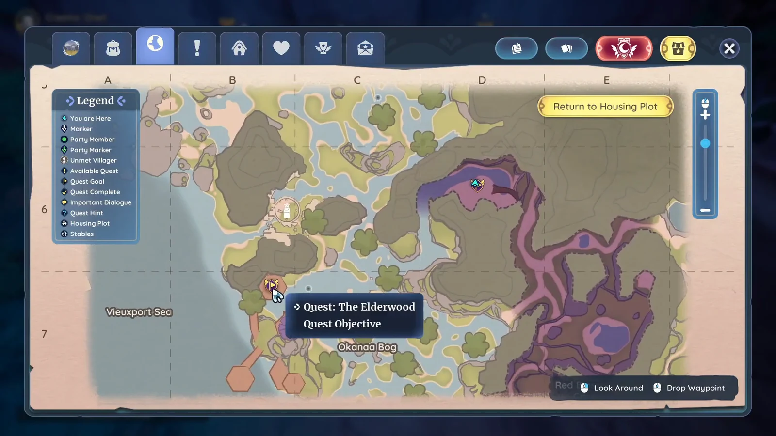Elderwood map with the quest objective marker and tooltip open near Okanaa Bog