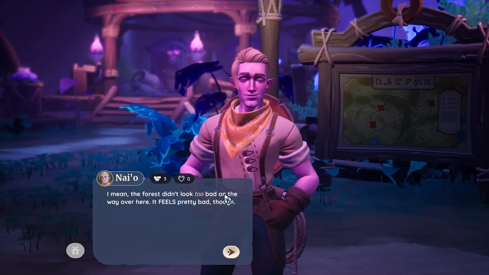 Nai'o's dialogue box at the Elderwood stables with the advance arrow in the bottom right