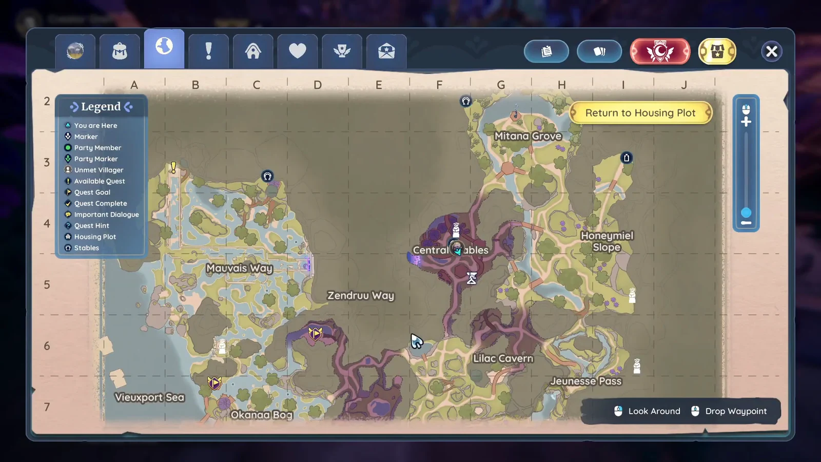 Elderwood map showing Central Stables and nearby regions with the return to housing plot button
