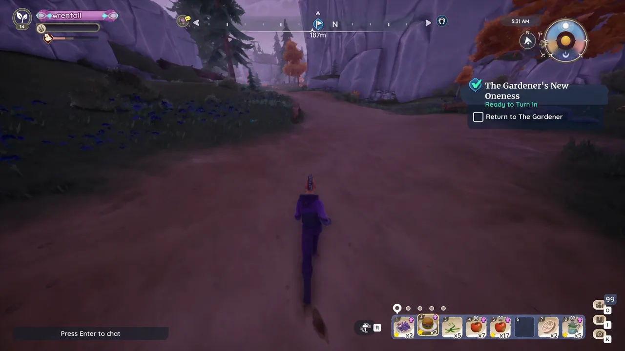 Quest tracker highlighting the Return to The Gardener objective in Palia