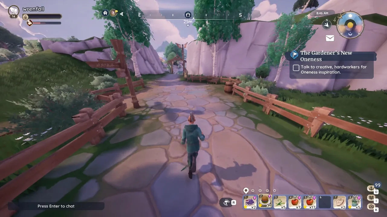 Palia character walking a village path with the Oneness inspiration objective on screen