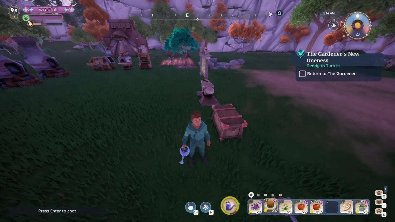 Palia quest tracker showing The Gardener's New Oneness objectives during travel to Bahari Bay