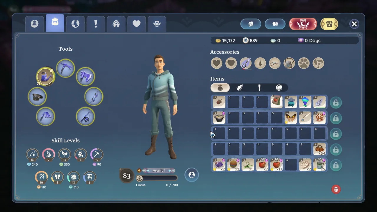Palia inventory screen open on the backpack tab showing tools and stored items