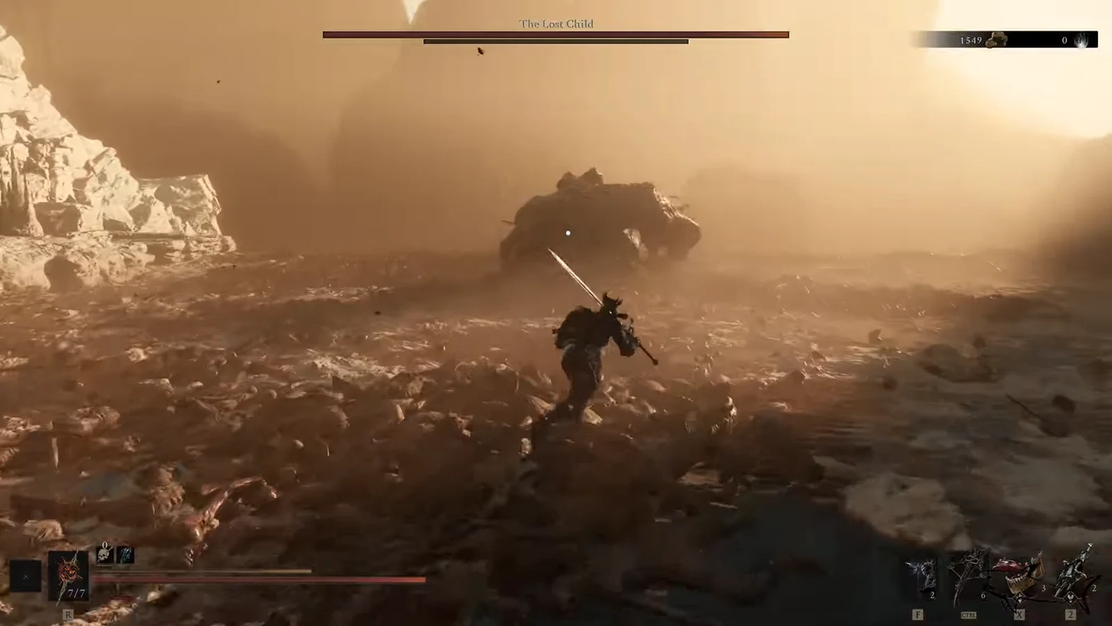Player character advancing with sword drawn toward the massive Lost Child boss in the arena