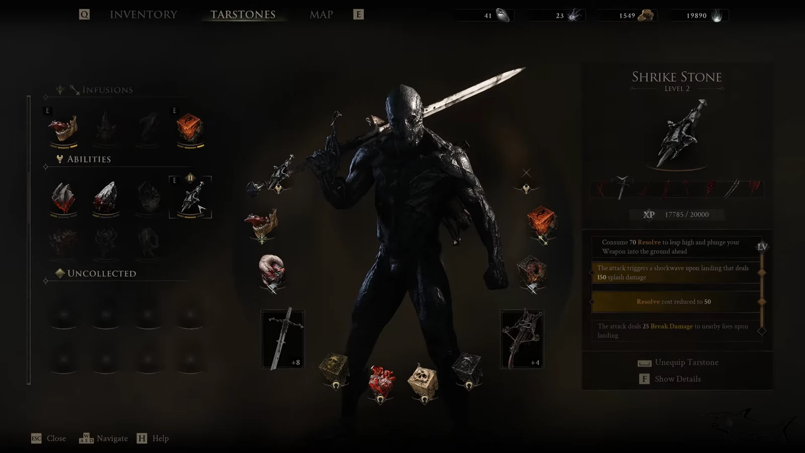 Tarstones menu with the Level 2 Shrike Stone selected and its upgrade effects shown