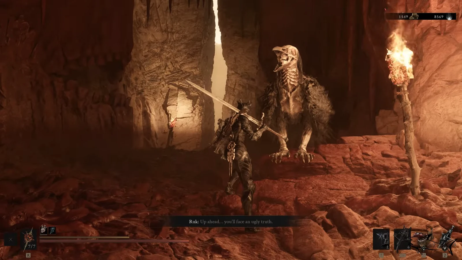 Player character facing a skeletal enemy in a torch-lit cavern as Ruk's warning subtitle appears