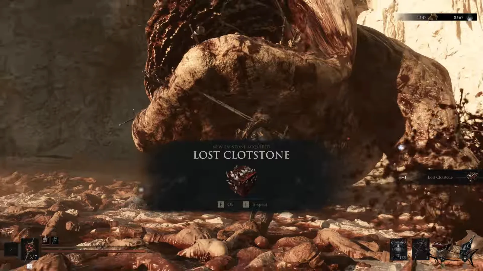 Lost Clotstone acquisition popup showing the new tarstone with confirm and inspect prompts
