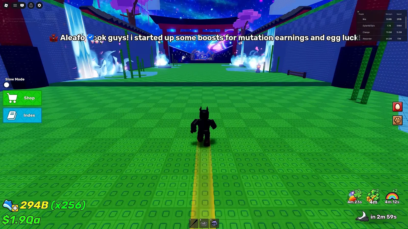 Avatar running through the central courtyard while mutation-earnings and egg-luck boosts are active