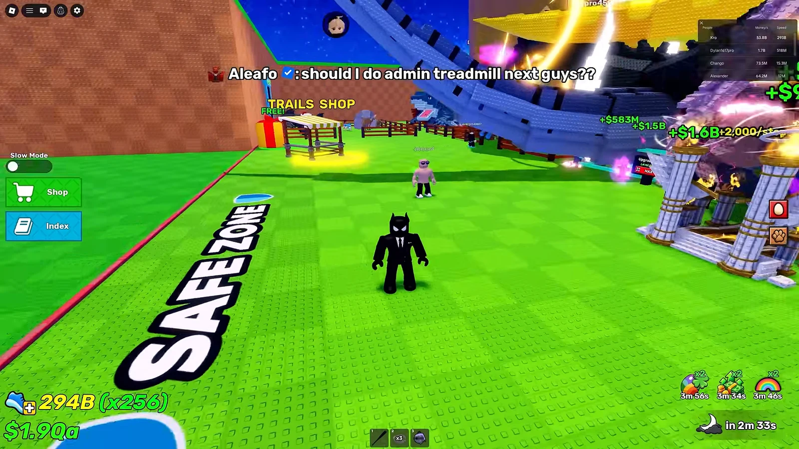Avatar in the Safe Zone near the Trails Shop with Shop and Index buttons on the left