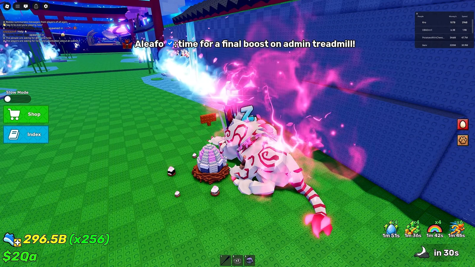 Player's glowing pet beside an egg nest while readying a final treadmill speed boost